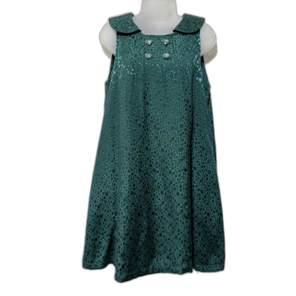 Tulle Green Sleeveless Shift Dress Size L Retro Mod Peter Pan Collar Polka Dot